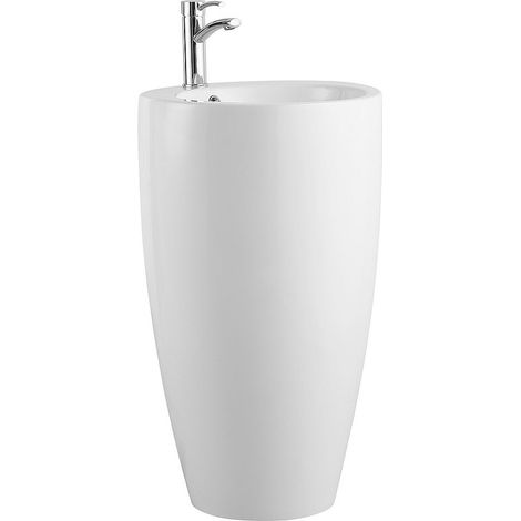 Vente-Unique – Vasque sur pied cylindrique blanche D50 x H83 cm – Céramique brillante – Trop plein inclus – Lavabo sur colonne moderne (1/4)