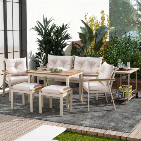 Jeu de table et de chaise en bois d'acacien, meubles de jardin, Jeu de table et de chaise de jardin 6-7 places avec chaises et chariot amovible, revêtement en tissu amovible et lavable