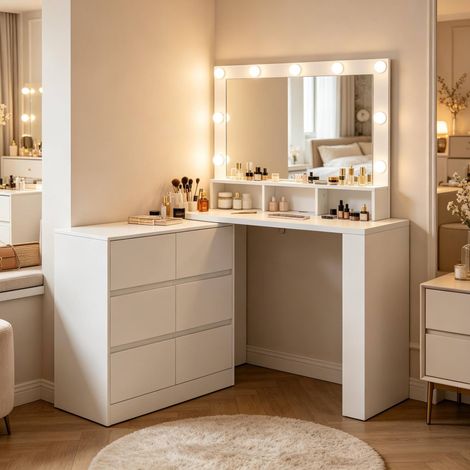 Bureau coiffeuse LED 90 cm, 6 tiroirs, blanc HAVRYA (1/5)