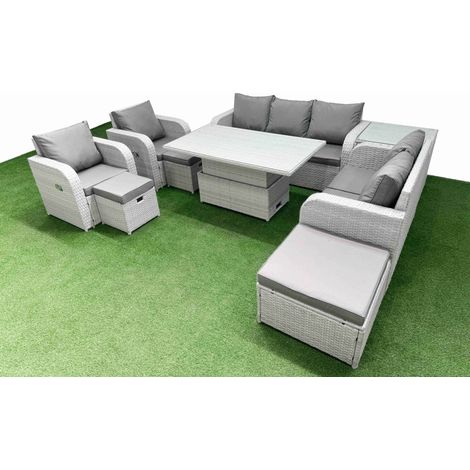 Fimous PE Rattan Garden Furniture Set Reclining Chair Sofa Double Love Seat 2 Seater Sofa Lounge Set Adjustable Lifting Dining or Coffee Table 3 Stools Side Table Light Grey (1/5)