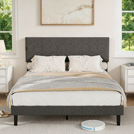 Lit Capitonné 140x200 cm, Tête de Lit Réglable en Lin, Lit Adulte avec Sommier à Lattes en Bois, 2 Personne, 15 de Rangement, Gris (1/5)