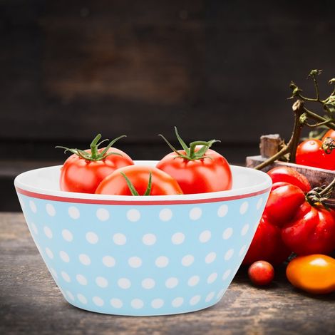 Schöne große Speiseschüssel, Suppen- oder Salatschüssel, Küchengeschirr für Haushalt und Gewerbe, hellblau gepunktet (1/5)