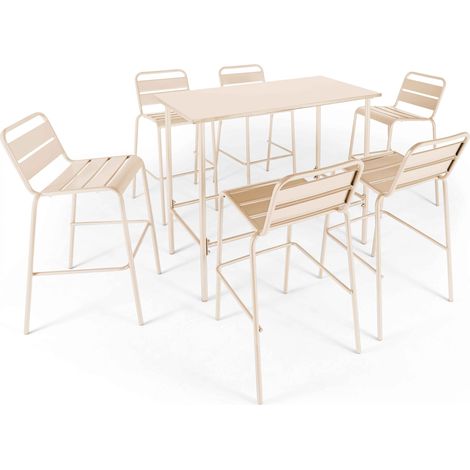 Ensemble table haute de jardin et 6 chaises en métal ivoire - Palavas