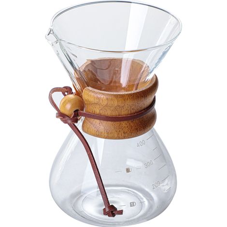 Cafetière manuelle filtre réutilisable inox, carafe verre borosilicate + collerette bois moderne