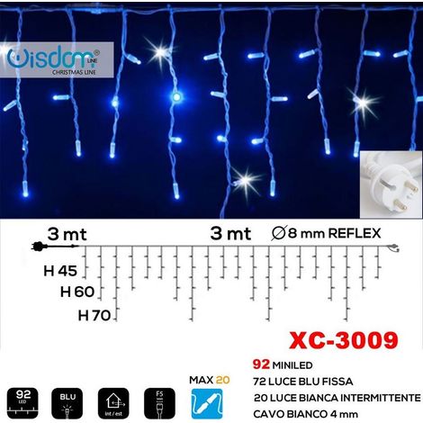 Wisdom - Tenda Luminosa Natalizia 92 Led Luce Blu Fissa + Bianca Intermittente Xc-3009 -