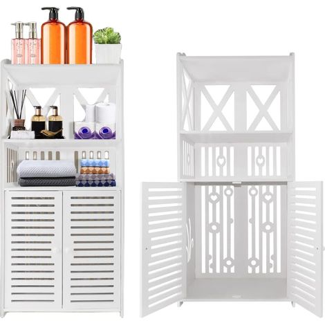 Armoire de salle de bain du sol au plafond, armoire de rangement de salle de bain indépendante étanche, avec couche de nécessités quotidiennes et armoire à double porte, matériau en PVC, armoire de ra (1/5)