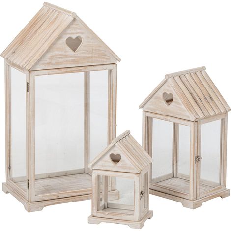 Lot de 3 Lanternes Maison en Bois "Karal" 68cm Beige (1/2)