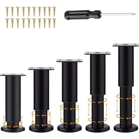 Set di 5 gambe regolabili nere per mobili, da 18 a 30 cm, supporto per divano con 20 viti e 1 cacciavite, montaggio universale senza foratura.-Crezuo