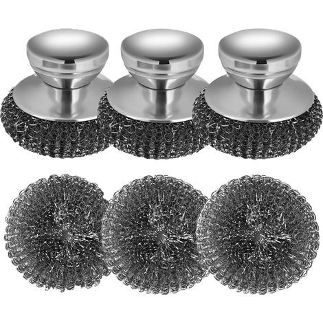Filiyano-Brosse en laine d'acier (3 brosses + 3 tampons) Tampon à récurer en métal avec manche Amovible avec éponge métallique Brosse en acier (1/5)