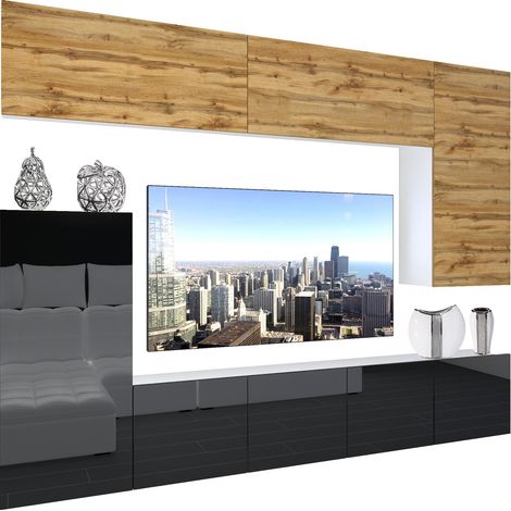 BELINI - Unité Murale TV NEX I Ensemble Muebles de Salon Complet I Ensemble Meuble TV avec Illumination LED I Dimensions: 250 x 180 x 36 cm I Coleur: chêne wotan/Noir très Brillant 1 (1/5)