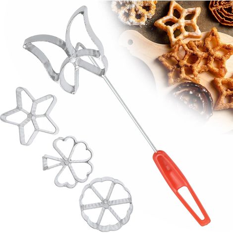Moule à Bunuelos/Rosette Suédoise - Lot de 4 Moules à Biscuits Traditionnels Formes Papillon Étoile Flocon Feuille pour Frire et Pâtisserie, Moule à Pâte en Aluminium (1/5)