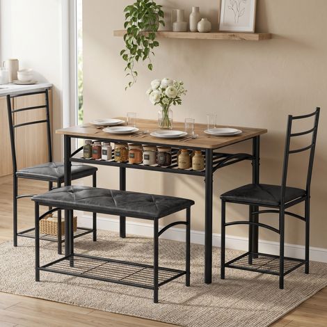 Ensemble repas de groupe de 4 pièces, table de cuisine industrielle avec 2 chaises et banc pour 4 personnes, sièges rembourrés en cuir PU, marron (1/5)