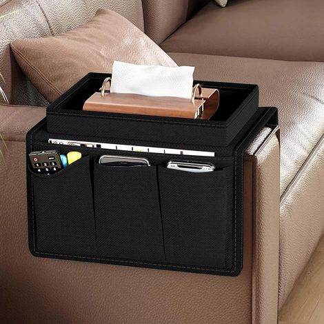 Accoudoir de canapé, sac de rangement, 5 poches, organiseur d'accoudoir, support pour tablette et téléphone, étagère, porte-revues, verrouillage à distance (noir) (1/5)