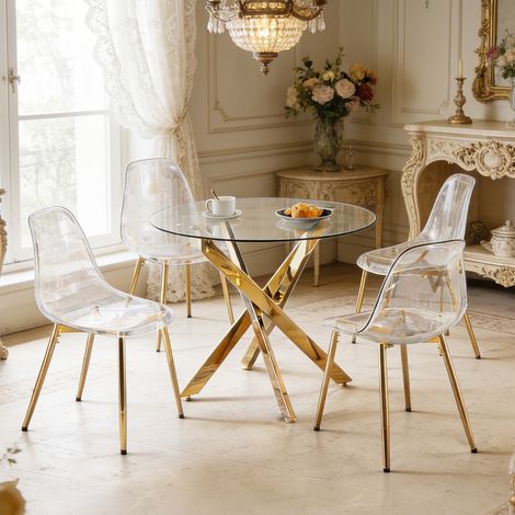 Lot de 4 chaises de salle à manger transparentes, Chaise de cuisine et fauteuil de maquillage pour coiffeuse, Assise en acrylique style Spoon , Doré (1/5)