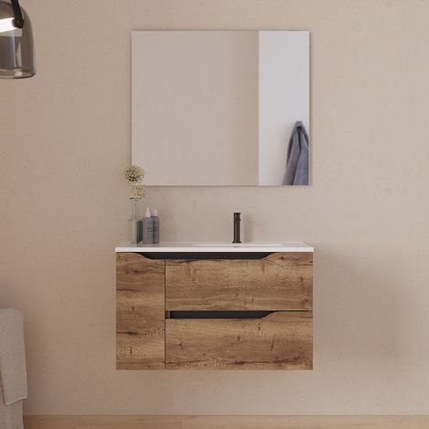 Meuble de salle de bain 80cm avec vasque déportée à droite et miroir - 2 tiroirs et un placard - tabaco (bois foncé) - ZARZA