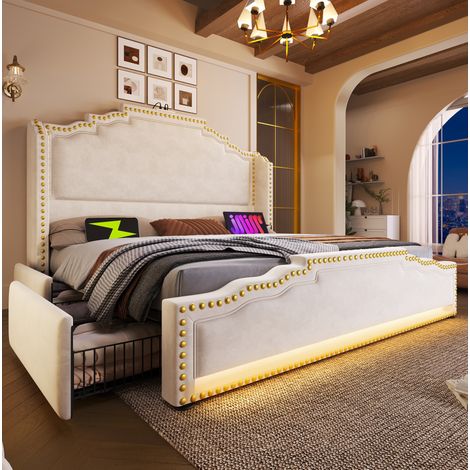 letto matrimoniale 180x200 con cassetti LED beige OKMYHOME (1/5)