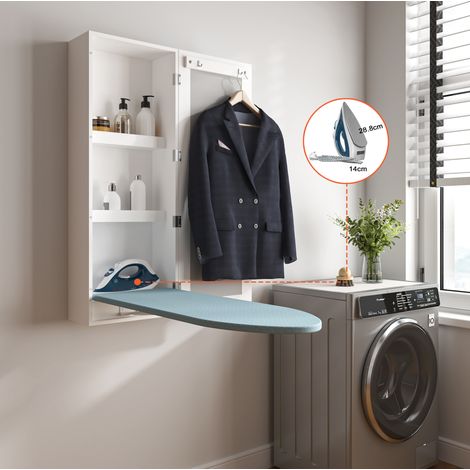 Wand-Bügelschrank aus MDF in Weiß mit Spiegel, klappbarem Bügelbrett und 2 Fächern (1/5)