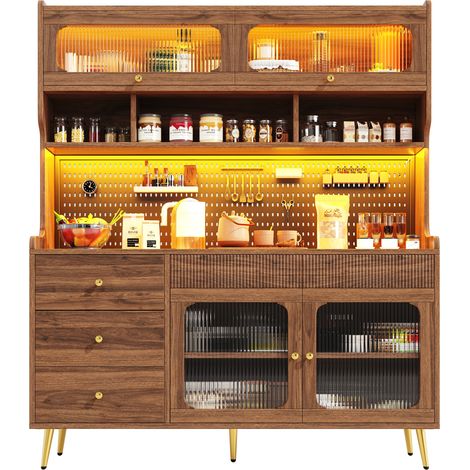 Credenza alta 144,9 x 39 x 171 cm MDF vetro metallo noce, LED con app - CHICFURN (1/5)