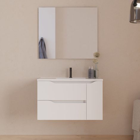 Meuble de salle de bain 80cm avec vasque centrée - 2 tiroirs et un placard - blanc - ZARZA (1/5)