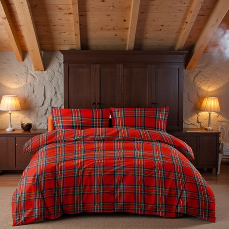 Tex Family – Housse de couette écossaise rouge 200x200 cm – 100 % pur coton – Fabriqué en Italie – Tartan classique pour lit élégant