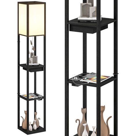 Beyamis Moderne LED-Stehleuchte mit Ablageflächen, USB-A- und USB-C-Anschlüssen, Fußschalter für Wohnzimmer, Schlafzimmer und Büro, schwarz