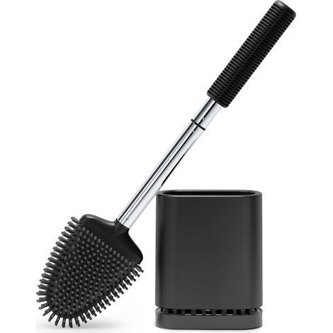 Brosse WC, Brosse Toilettes WC Silicone, Balai Toilette et Support, Noir Balayette Silicone Suspendu, Mural sans Percageà, Montage Mural/au Sol, Salle de Bain - Noir Mat (1/4)
