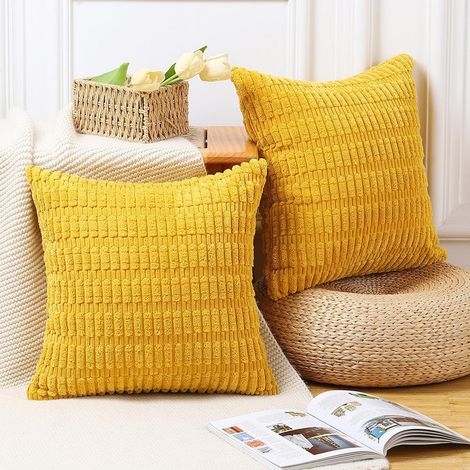 Housse de coussin peluche jaune 45x45 cm, lot de 2 taies d'oreiller moelleuses, sans garnissage intérieur, housse décorative pour canapé et chambre (1/5)