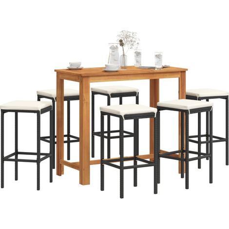 7-tlg. Gartenbar-Set Schwarz Massivholz Akazie und Poly Rattan