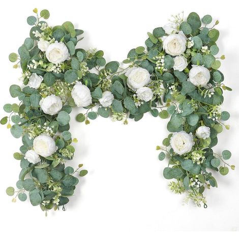 2er Set Künstliche Blumengirlande Eukalyptus mit Rosen 200cm Weiß (1/5)