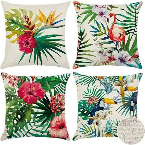 Ahlsen Juego de 4 Fundas de Cojines para Exterior, Fundas de Cojines Impermeables para sofá con Plantas Tropicales, Flores y pájaros, para decoración de Patio, jardín, salón, Dormitorio, 45 x 45 cm (1/5)