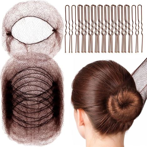 Lot de 60 filets à cheveux invisibles, filets à cheveux à mailles fines, adaptés aux danseuses, hôtesses de l'air, infirmières, etc., marron (20 filets à cheveux, 40 pinces à cheveux en forme de U) (1/5)