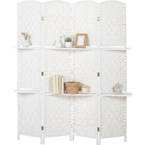 Faltbarer Paravent mit 4 Paneelen, 160x170 cm, hölzerner Raumteiler mit 2 Ablagen, dekorative Trennwand und Stauraum, faltbarer Regal-Paravent für Wohn- oder Schlafzimmer.
