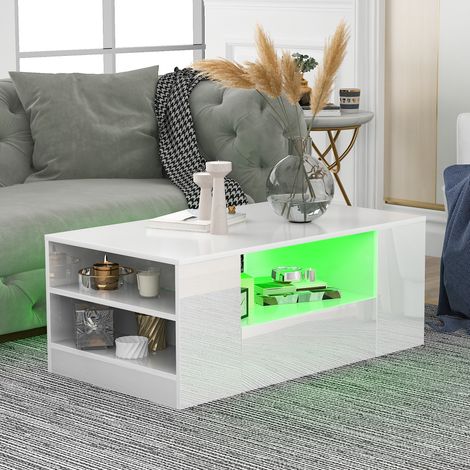 Tavolino da caffè LED Tavolino da salotto soggiorno moderno mobili 2 cassetti e 2 ripiani divano tavolino Bianco (1/5)