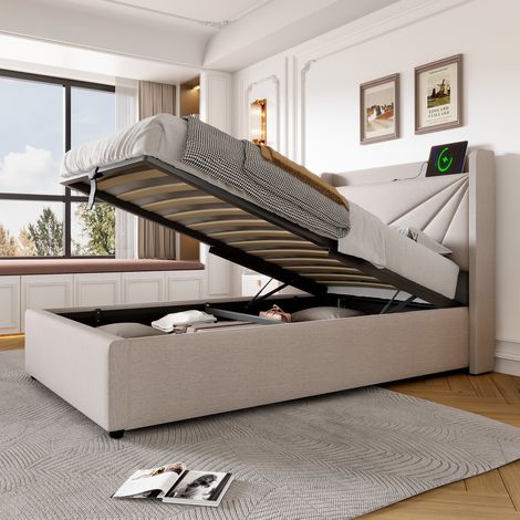Lit 90x200 avec rangement, sommier à lattes inclus, tête de lit USB-C, cadre en lin pour adolescent, sans matelas (1/5)