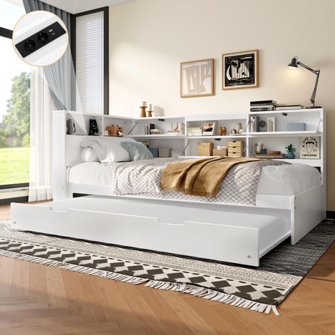 Lit de jour convertible, 90x200cm, tête de lit avec compartiment de rangement, lit extensible, sans matelas, blanc, garantie 2 ans
