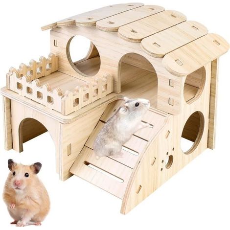 Hamsterkäfig – Holzhaus – 2 Etagen – Umweltfreundlich – Für Nagetiere – Für drinnen
