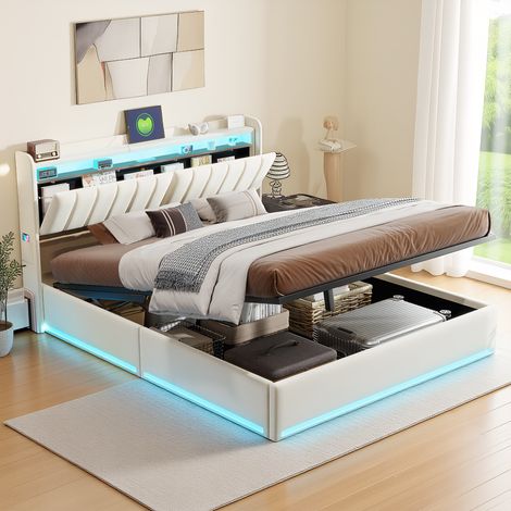Polsterbett 140x200 cm mit hydraulischem Stauraum, Doppelbett mit LED und USB-Ladestation, Modernes Jugendbett, Bettgestell mit Kopfteil und Lattenrost, Velour Beige, Ohne Matratze