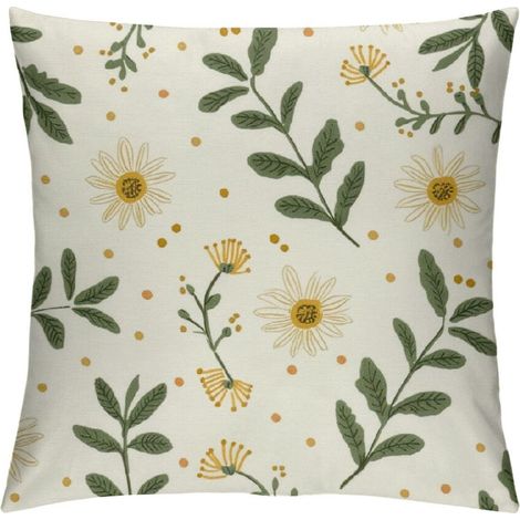 Funda de almohada bordada con margaritas verdes, funda de almohada cuadrada con estampado floral estilo rústico, apta para cojines de 16x16 pulgadas, color blanco.