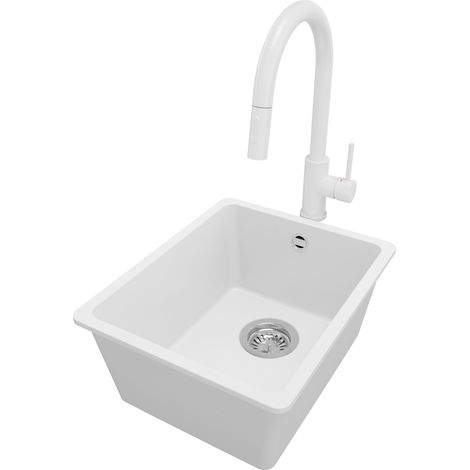 PRIMAGRAN Evier Sous Plan 36x44cm, Evier en Granit 1 bac + Robinet 40x20cm + Kit de Vidage, Évier au meuble 40cm - Venise Easy, Blanc (1/5)