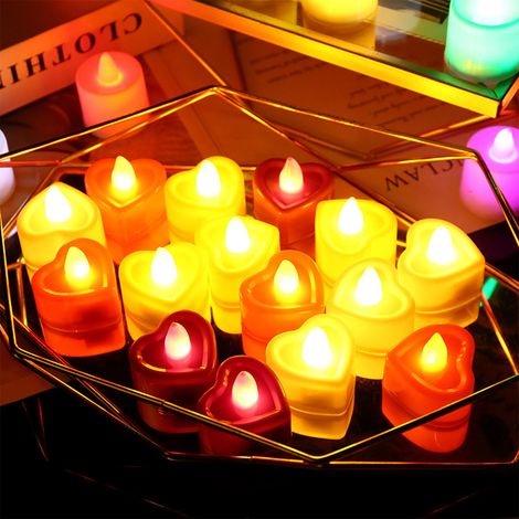 Lot de 24 bougies LED en forme de cœur, sans flamme et sans odeur, avec télécommande, pour la décoration intérieure (jaune). (1/5)