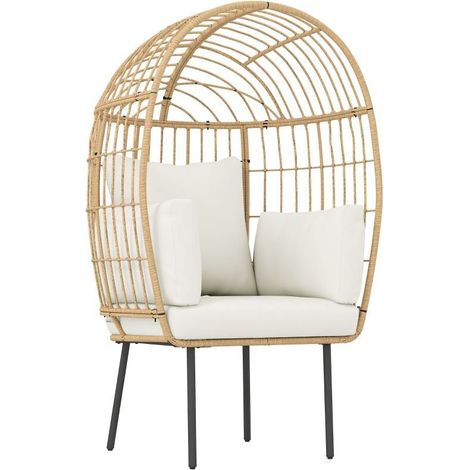 Fauteuil en rotin forme œuf avec coussin amovible, siège extérieur dimensions 95 × 80 × 155 cm, couleur beige (1/5)