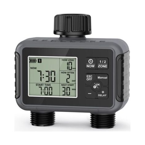 Ordinateur d'irrigation 2 sorties, minuterie d'arrosage de jardin avec retard de pluie/mode automatique et manuel, IPX5 étanche/grand écran LCD, contrôle de l'arrosage (1/5)