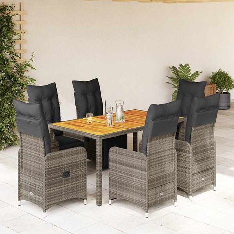 7-tlg. Garten-Bistro-Set mit Kissen Grau Poly Rattan (1/5)