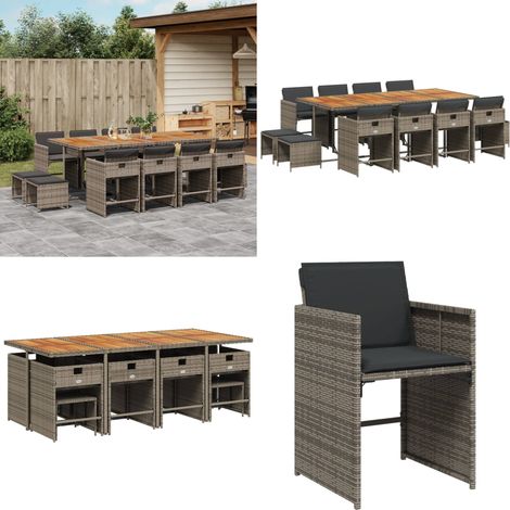 13-tlg. Garten-Essgruppe mit Kissen Grau Poly Rattan - Gartenmöbel Set - Gartentisch - Gartenstühle - Gartenhocker - Rattan Möbel - Home & Living (1/5)