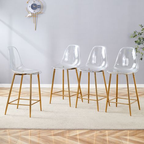 Ensemble de 4 tabourets de bar transparents, avec structure en métal argenté/doré/noir, chaises au design moderne pour la cuisine, le bar ou la salle à manger (chaises uniquement, table non incluse) (1/4)