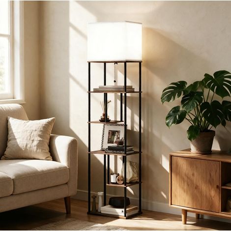 Lampadaire avec étagères, dimmable, télécommande, E27, noir et beige HAVRYA (1/5)