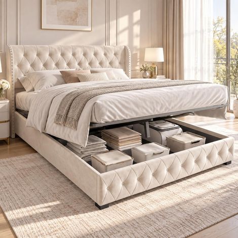 Letto Contenitore 140x190 cm, Letto Matrimoniale con Rete a Sollevamento Idraulico, Testiera Imbottita con Alette, Rivetti Design Classico, Velluto, Beige (1/5)