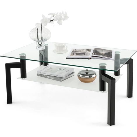 COSTWAY Tavolino da Salotto in Vetro Temperato Moderno, Tavolo Basso Rettangolare a 2 Livelli con Struttura in Metallo, Tavolino da Caffè per Soggiorno e Ufficio, 100 x 60 x 43 cm (1/3)