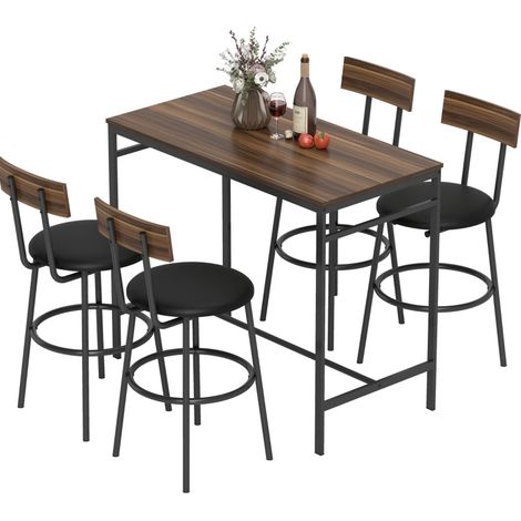 Conjunto de mesa alta 5 piezas de madera y acero marrón con 4 taburetes industriales (1/5)
