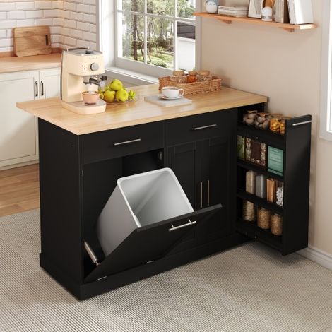Kücheninsel auf Rollen mit klappbarer Arbeitsplatte, Küchenwagen mit Müllschrank, 4-stufigem Gewürzregal, 2 Schubladen und feststellbaren Rollen, 120 × 45 (70) × 93 cm